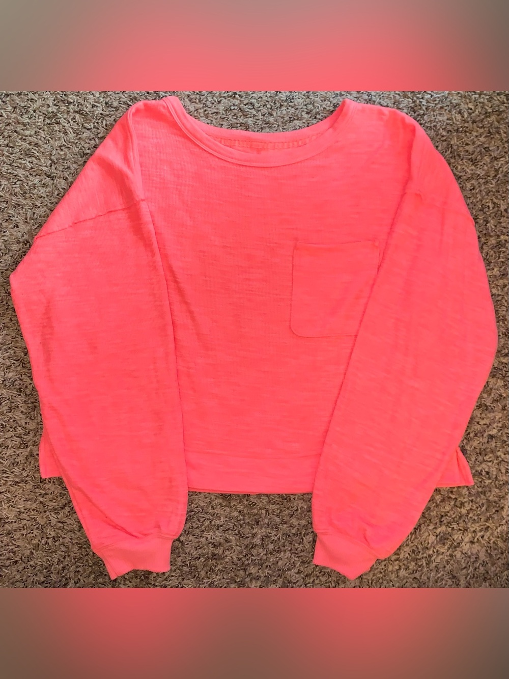 Aerie American Eagle Neon Coral Ribbed Long Sleeve Sweater with Chest Pocket